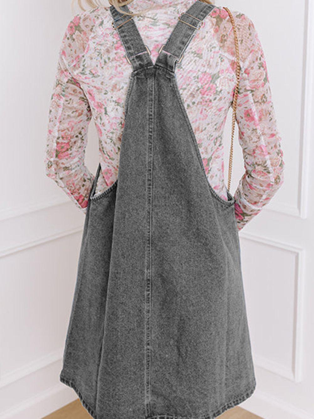 Wide Strap Button Down Denim Overall Dress - Clothes For Her Online Store