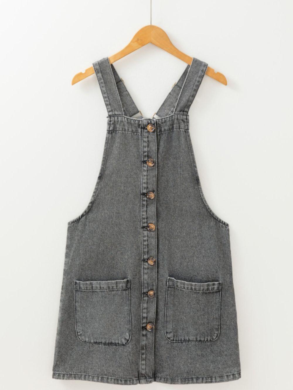 Wide Strap Button Down Denim Overall Dress - Clothes For Her Online Store