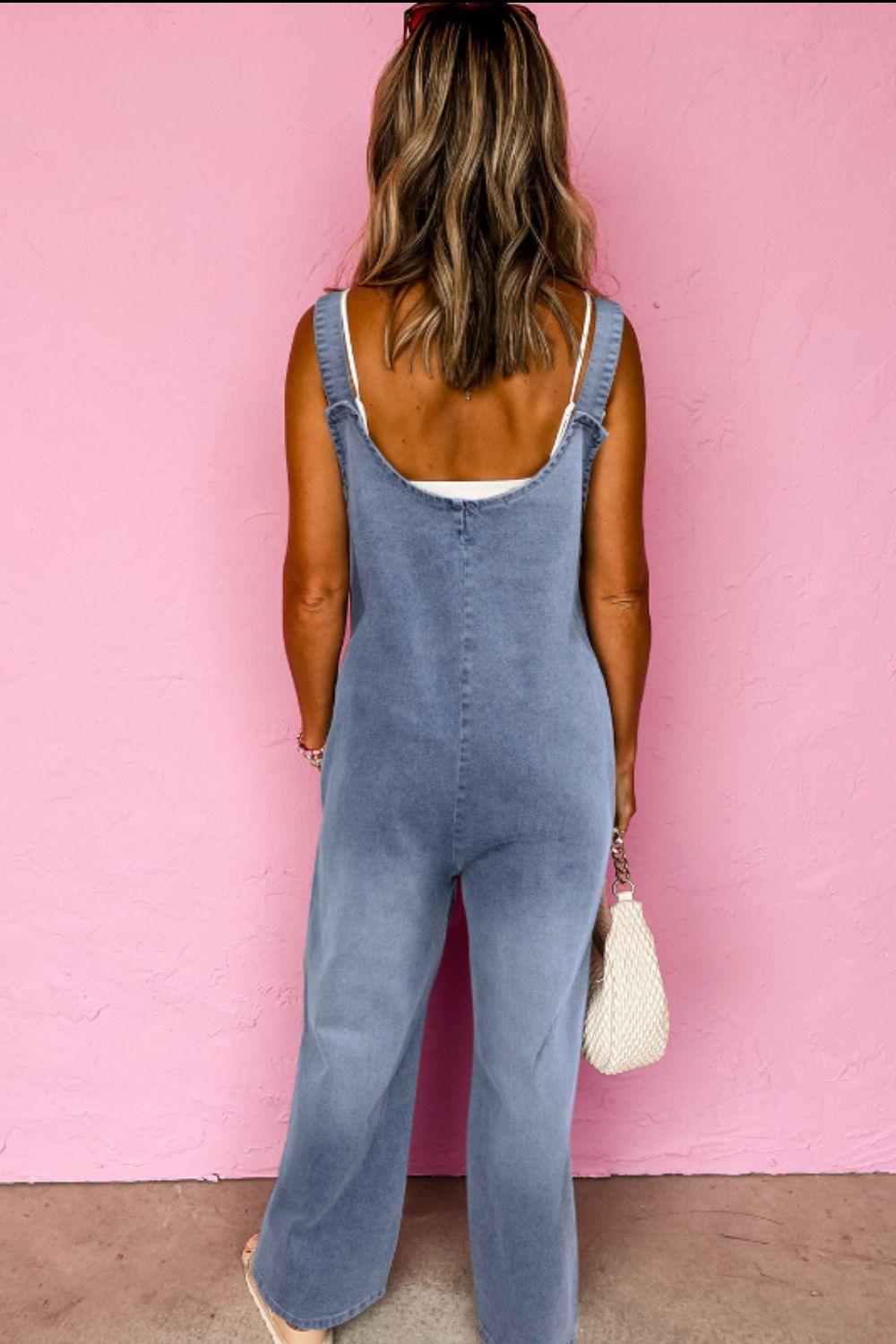 Wide Strap Denim Overalls with Pockets - Clothes For Her Online Store