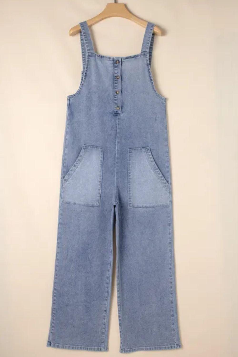 Wide Strap Denim Overalls with Pockets - Clothes For Her Online Store