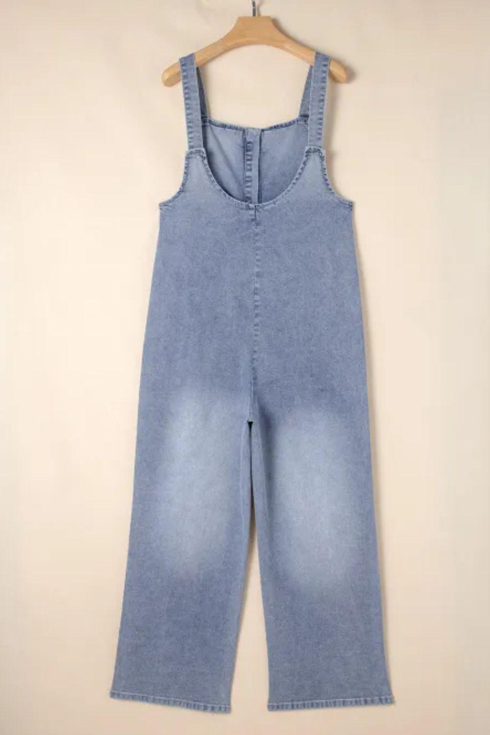 Wide Strap Denim Overalls with Pockets - Clothes For Her Online Store