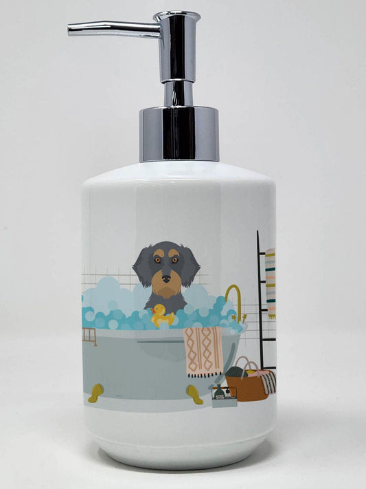 Wirehair Blue and Tan Dachshund Ceramic Soap Dispenser Hand Soap Dispenser Pump Bottles for Bathroom Kitchen, Empty Refillable Liquid Soap Container