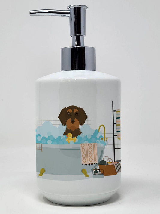 Wirehair Chocolate and Tan Dachshund Ceramic Soap Dispenser Hand Soap Dispenser Pump Bottles for Bathroom Kitchen, Empty Refillable Liquid Soap Container