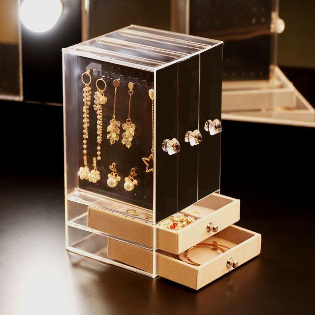 Women Portable Necklace Bracelet Organizer Case Earrings Ring Display Stand Shelf Dustproof Acrylic Jewelry Storage Box Drawer - Clothes For Her Online Store