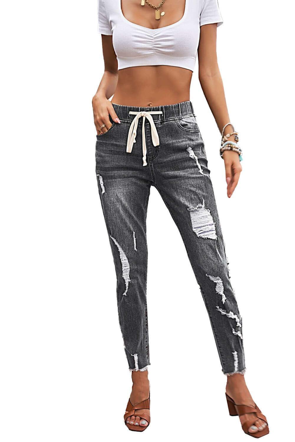 Women's Fashion Gray Drawstring Elastic Waist Hole Ripped Jeans