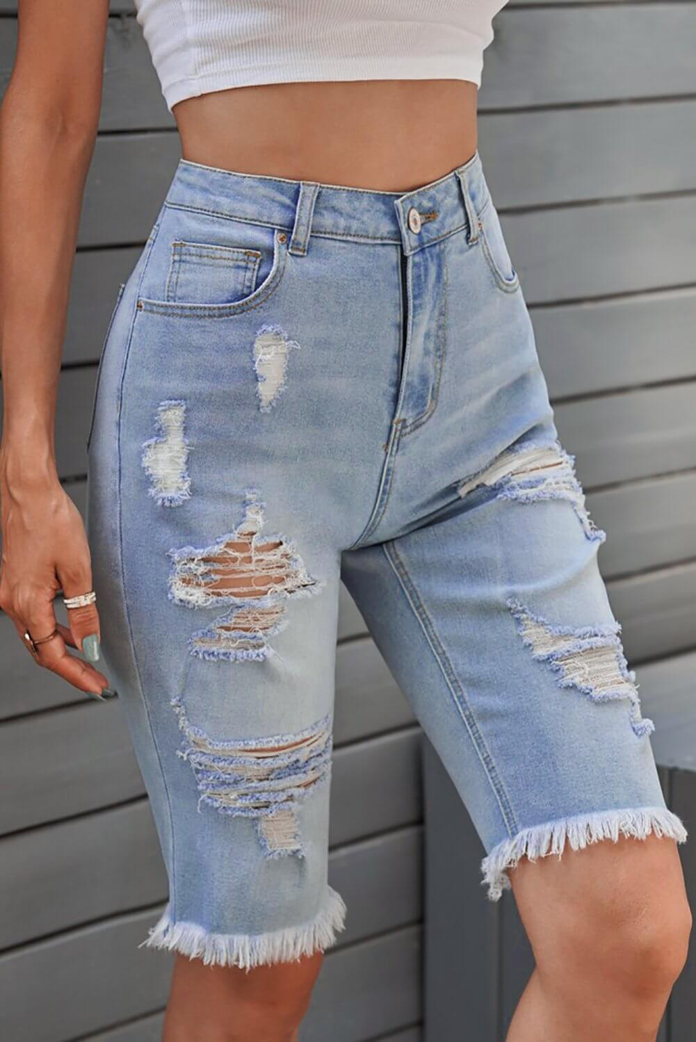 Women's Fashion Light Blue Distressed Jeans Bermuda Shorts