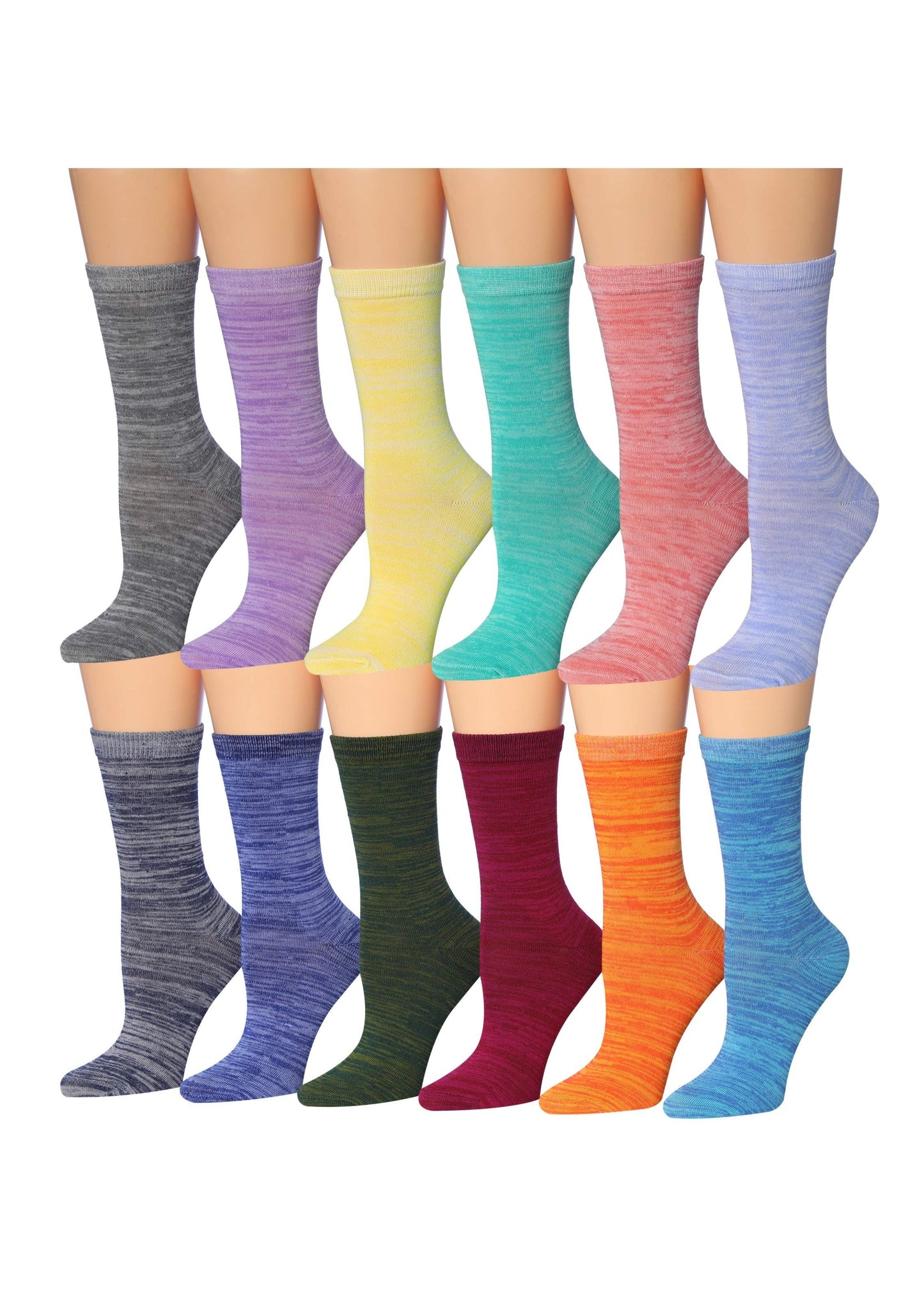 Tipi Toe Women's 12 Pairs Lightweight Colorful Space Dye Crew Socks