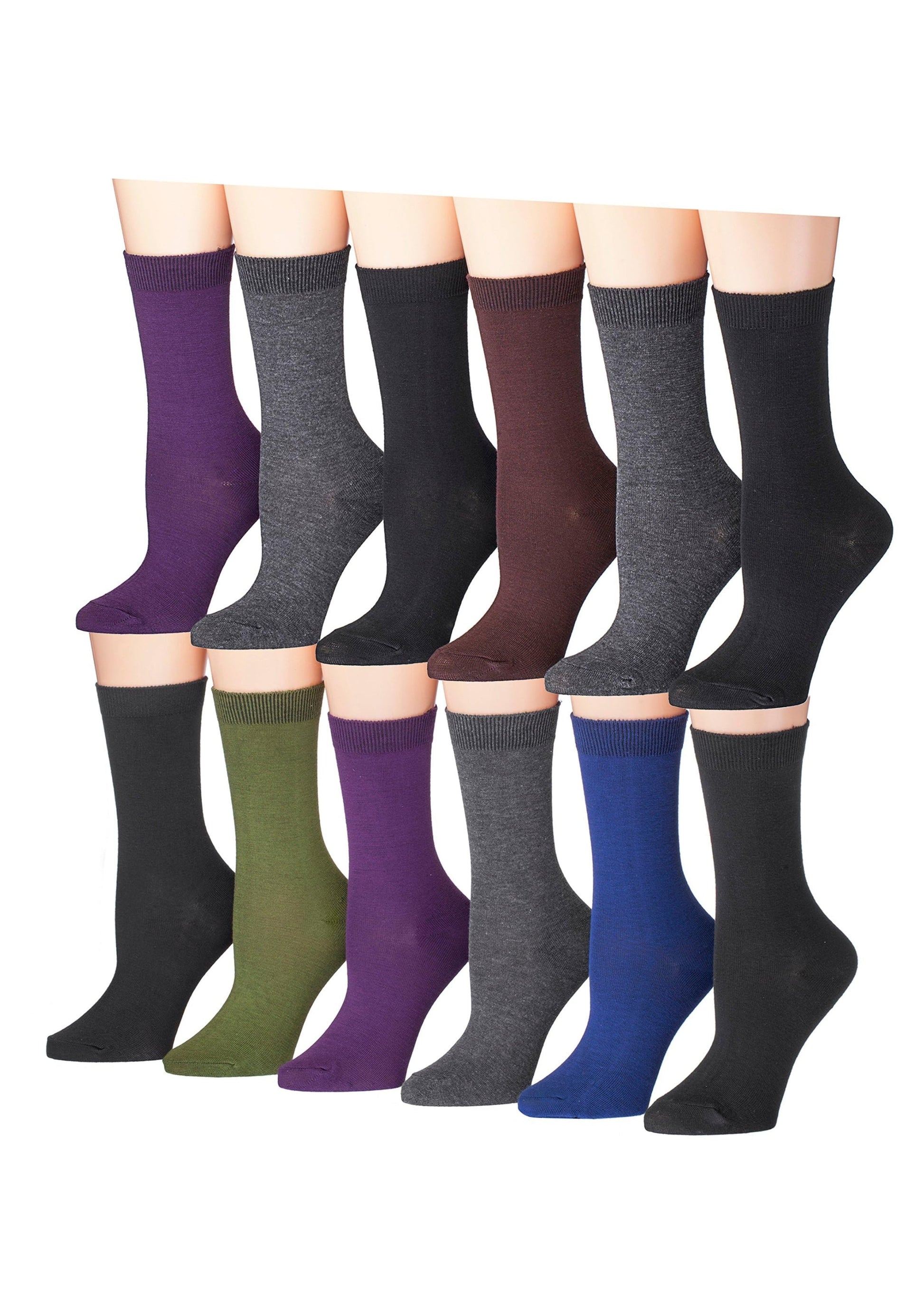 Tipi Toe Women's 12-Pairs Lightweight Solid Dark Colored Crew Socks