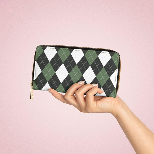 Womens Wallet, Zip Purse, Green & White Plaid Tartan - Clothes For Her Online Store