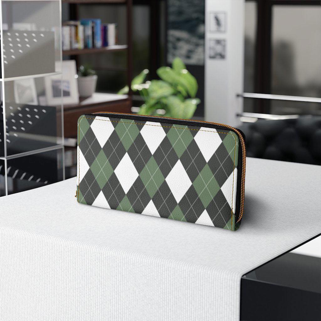 Womens Wallet, Zip Purse, Green & White Plaid Tartan - Clothes For Her Online Store