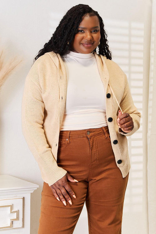 Woven Right Button-Down Long Sleeve Hooded Sweater - Clothes For Her Online Store