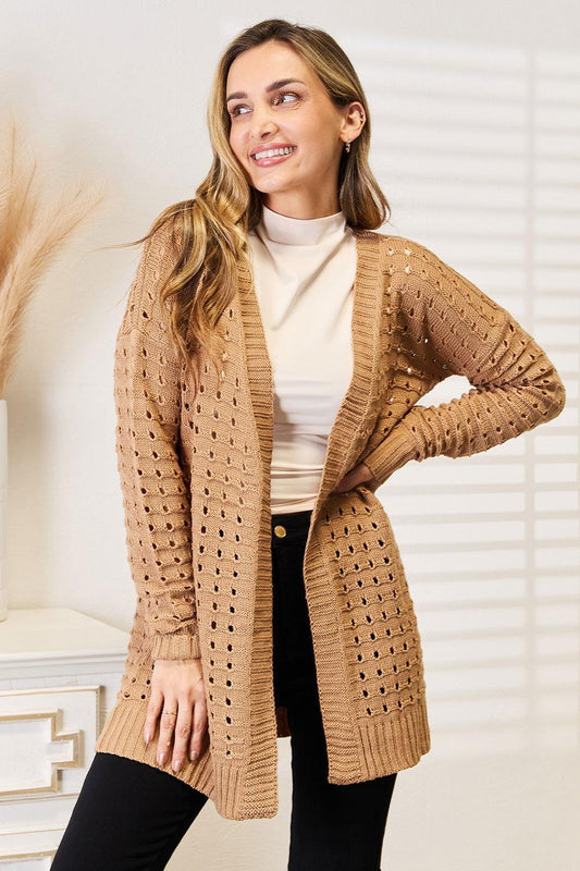 Woven Right Openwork Horizontal Ribbing Open Front Cardigan - Clothes For Her Online Store