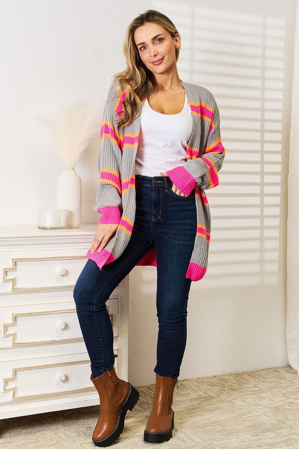 Woven Right Ribbed Long Sleeve Cardigan - Clothes For Her Online Store