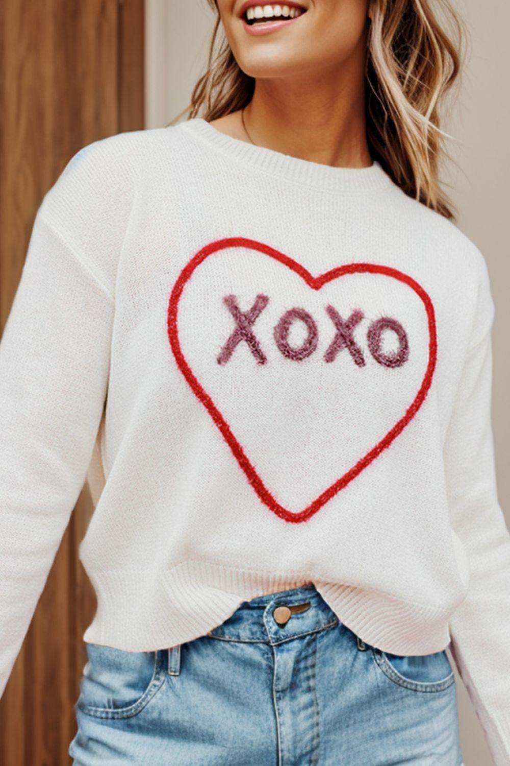 XOXO Round Neck Drop Shoulder Sweater - Clothes For Her Online Store
