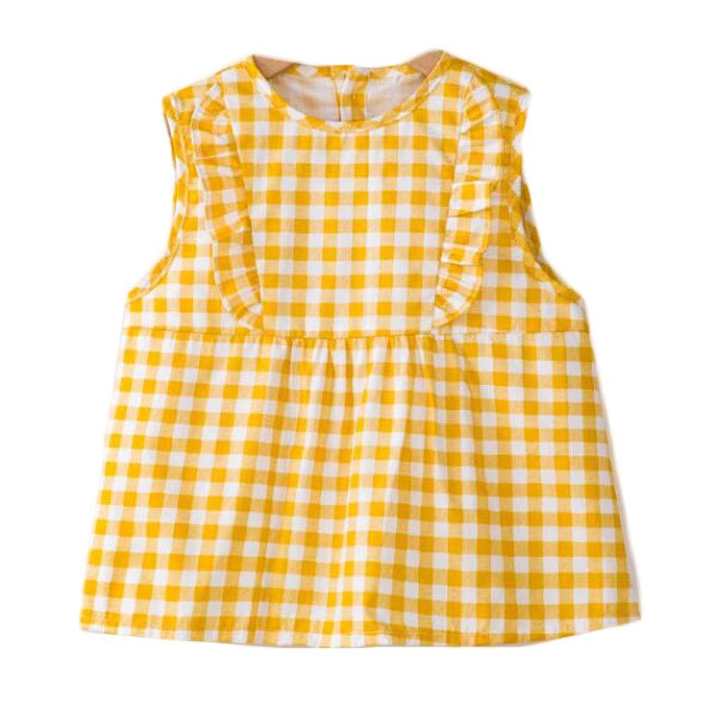 Yellow Grid Baby's Inner Waterproof Apron Eating Smock Girl's Princess Smock Sleeveless Bib - Clothes For Her Online Store
