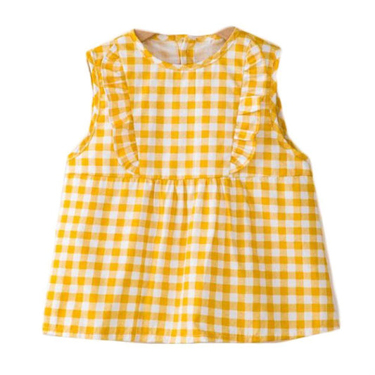 Yellow Grid Baby's Inner Waterproof Apron Eating Smock Girl's Princess Smock Sleeveless Bib - Clothes For Her Online Store