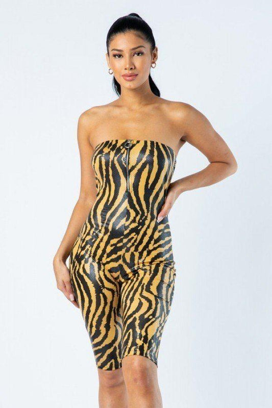 Zebra Print Tube Romper With Front O Ring Zipper Detail - Clothes For Her Online Store