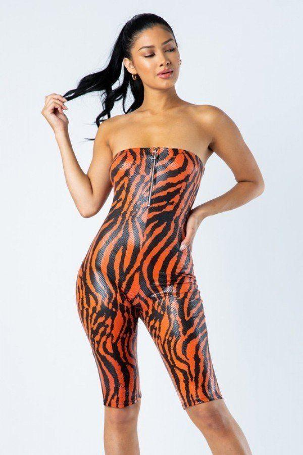 Zebra Print Tube Romper With Front O Ring Zipper Detail - Clothes For Her Online Store