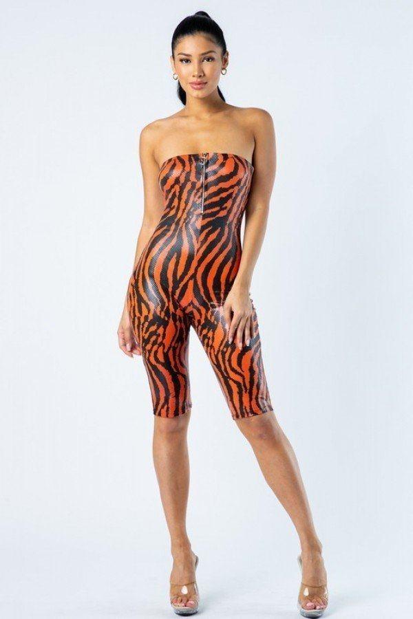 Zebra Print Tube Romper With Front O Ring Zipper Detail - Clothes For Her Online Store