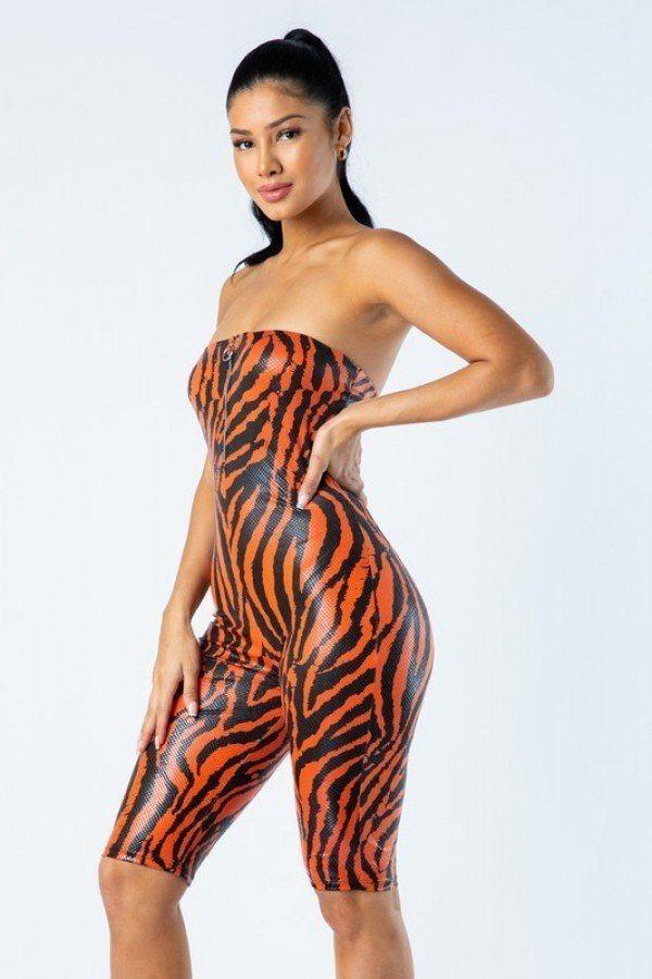 Zebra Print Tube Romper With Front O Ring Zipper Detail - Clothes For Her Online Store