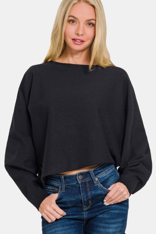 Zenana Asymmetric Hem Long Sleeve Sweater - Clothes For Her Online Store