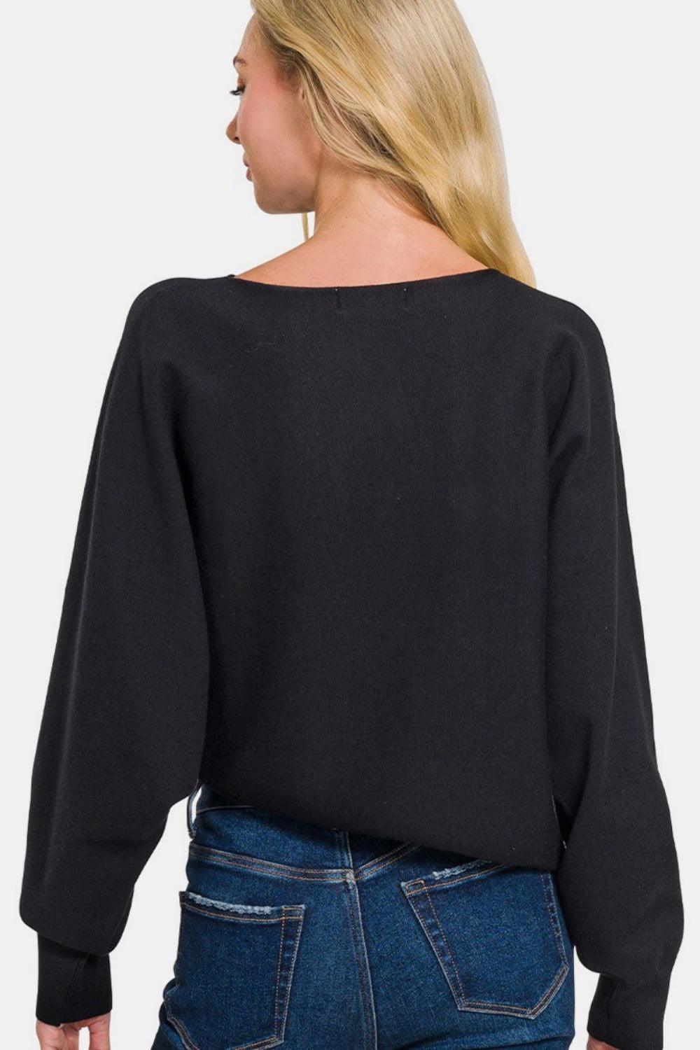 Zenana Asymmetric Hem Long Sleeve Sweater - Clothes For Her Online Store