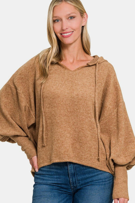 Zenana Brushed Hacci Drop Shoulder Cropped Hoodie - Clothes For Her Online Store
