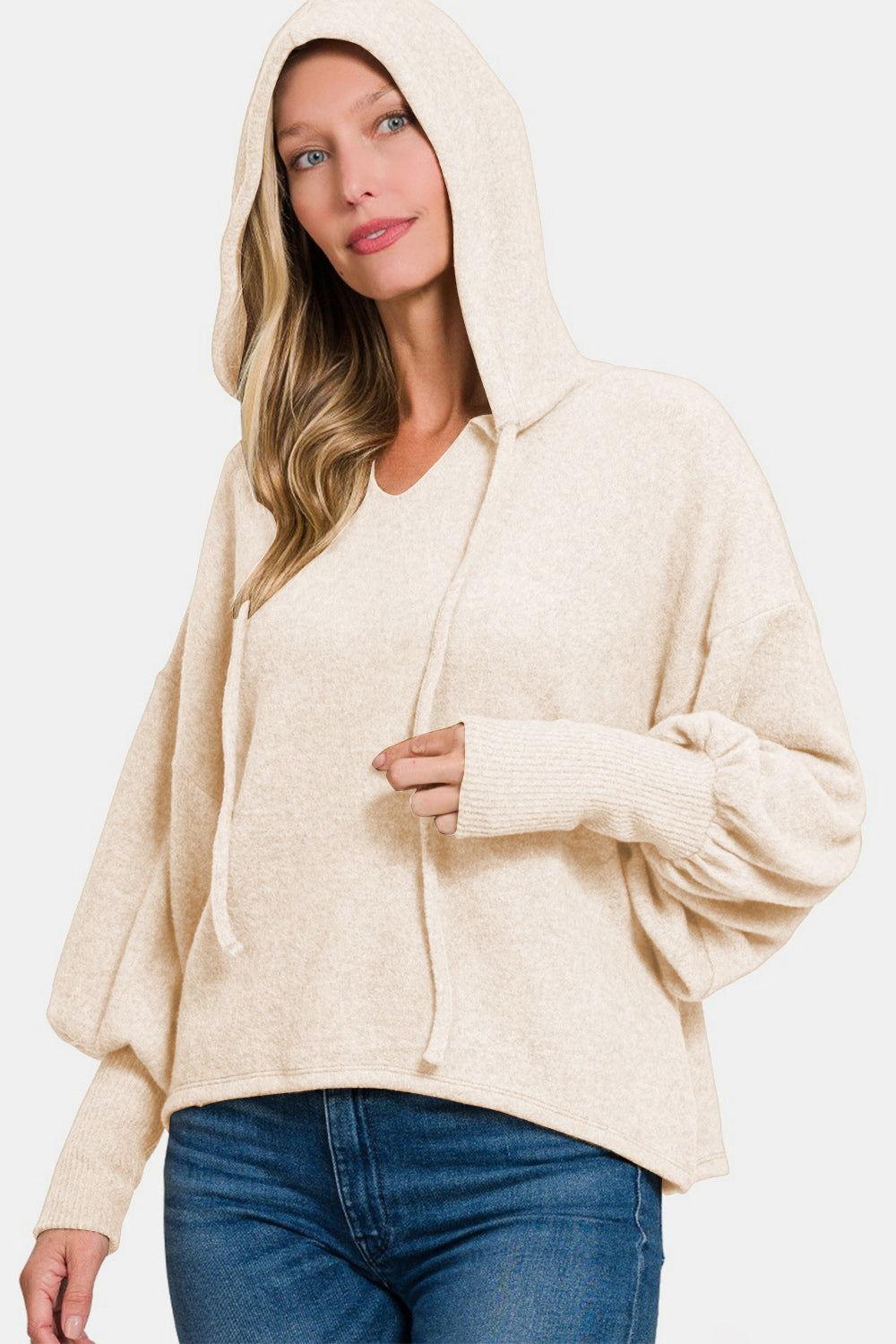 Zenana Brushed Hacci Drop Shoulder Cropped Hoodie - Clothes For Her Online Store