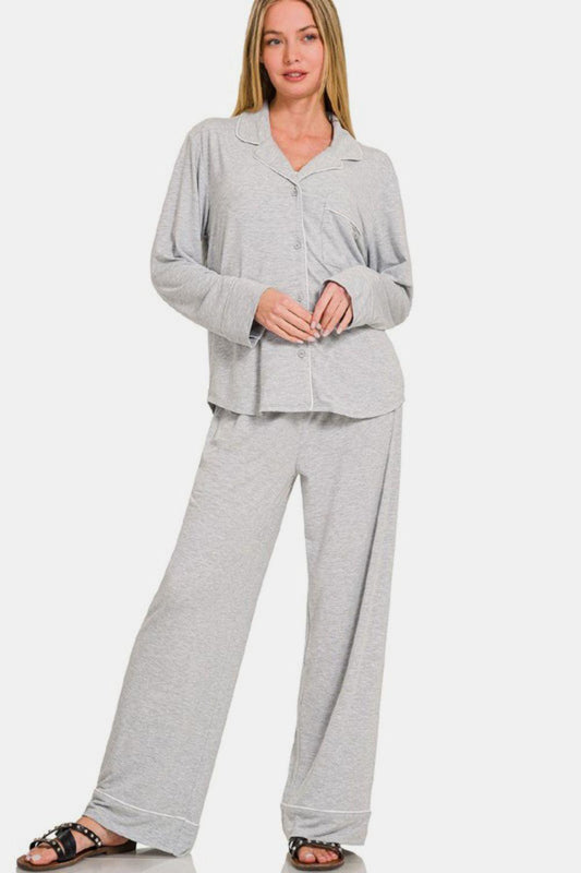 Zenana Button Down Long Sleeve Top and Pants Lounge Set - Clothes For Her Online Store