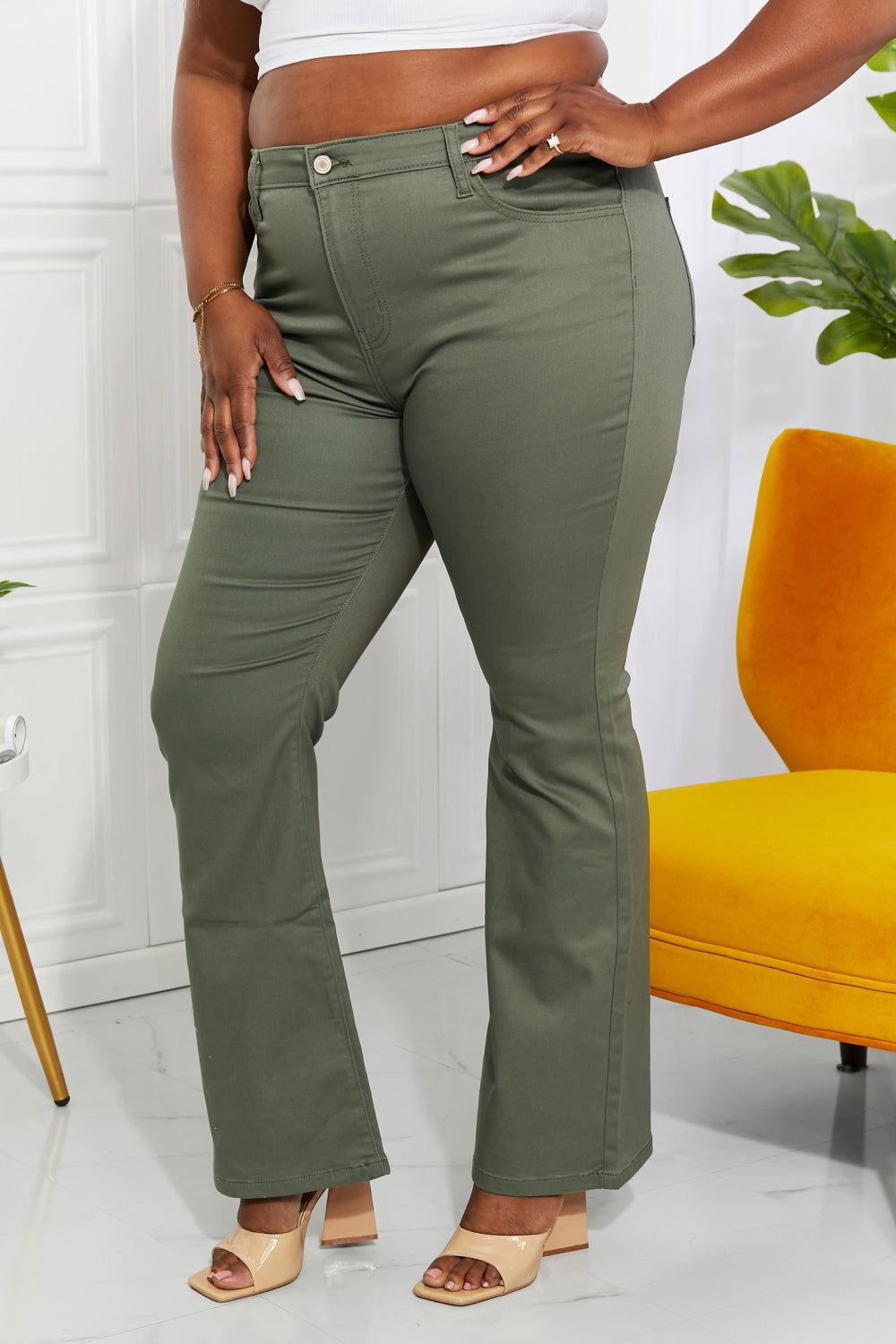 Zenana Clementine Full Size High-Rise Bootcut Jeans in Olive - Clothes For Her Online Store