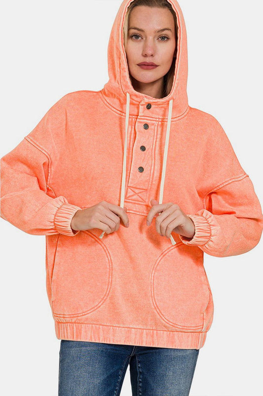 Zenana Drawstring Half Snap Dropped Shoulder Hoodie - Clothes For Her Online Store