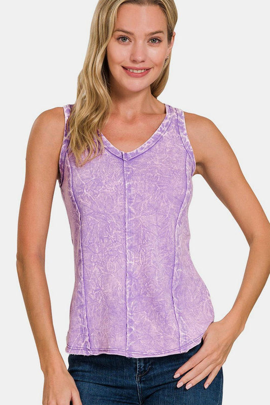 Zenana Exposed Seam V-Neck Wide Strap Tank - Clothes For Her Online Store