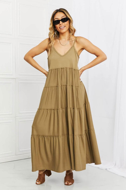 Zenana Full Size Spaghetti Strap Tiered Dress with Pockets in Khaki - Clothes For Her Online Store