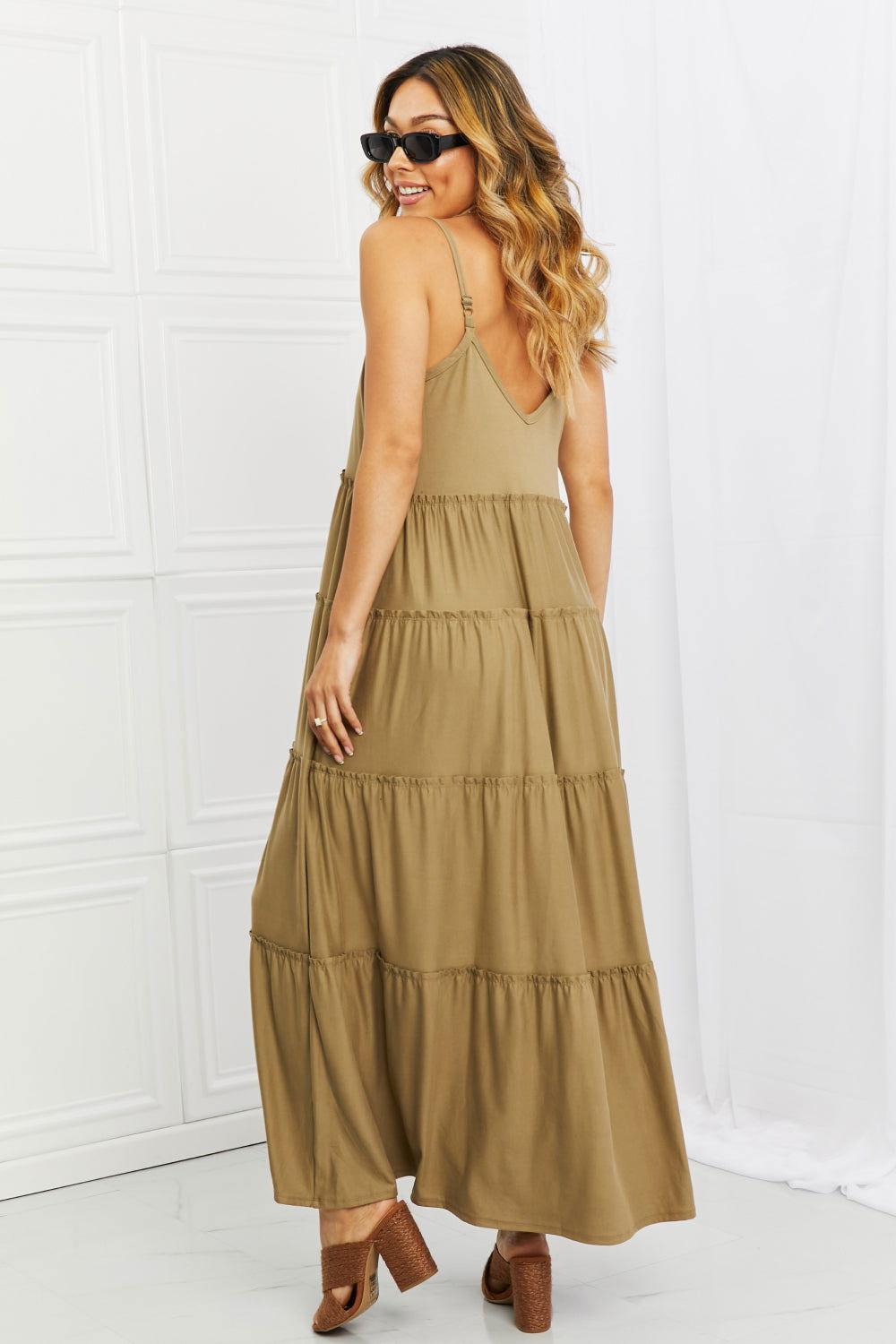 Zenana Full Size Spaghetti Strap Tiered Dress with Pockets in Khaki - Clothes For Her Online Store