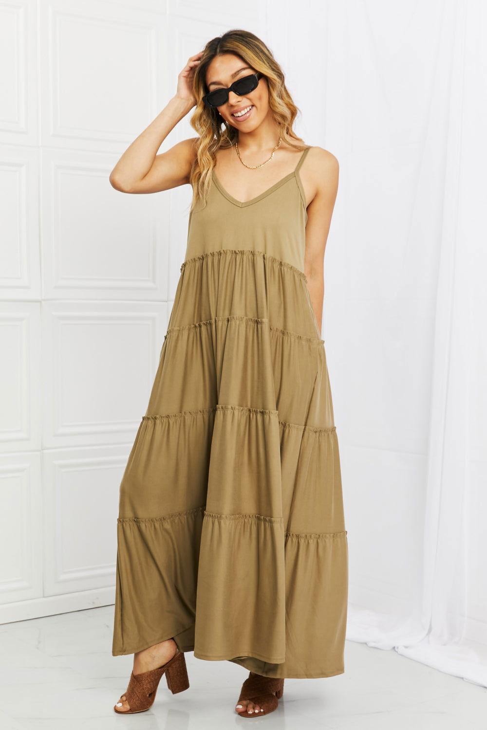 Zenana Full Size Spaghetti Strap Tiered Dress with Pockets in Khaki - Clothes For Her Online Store