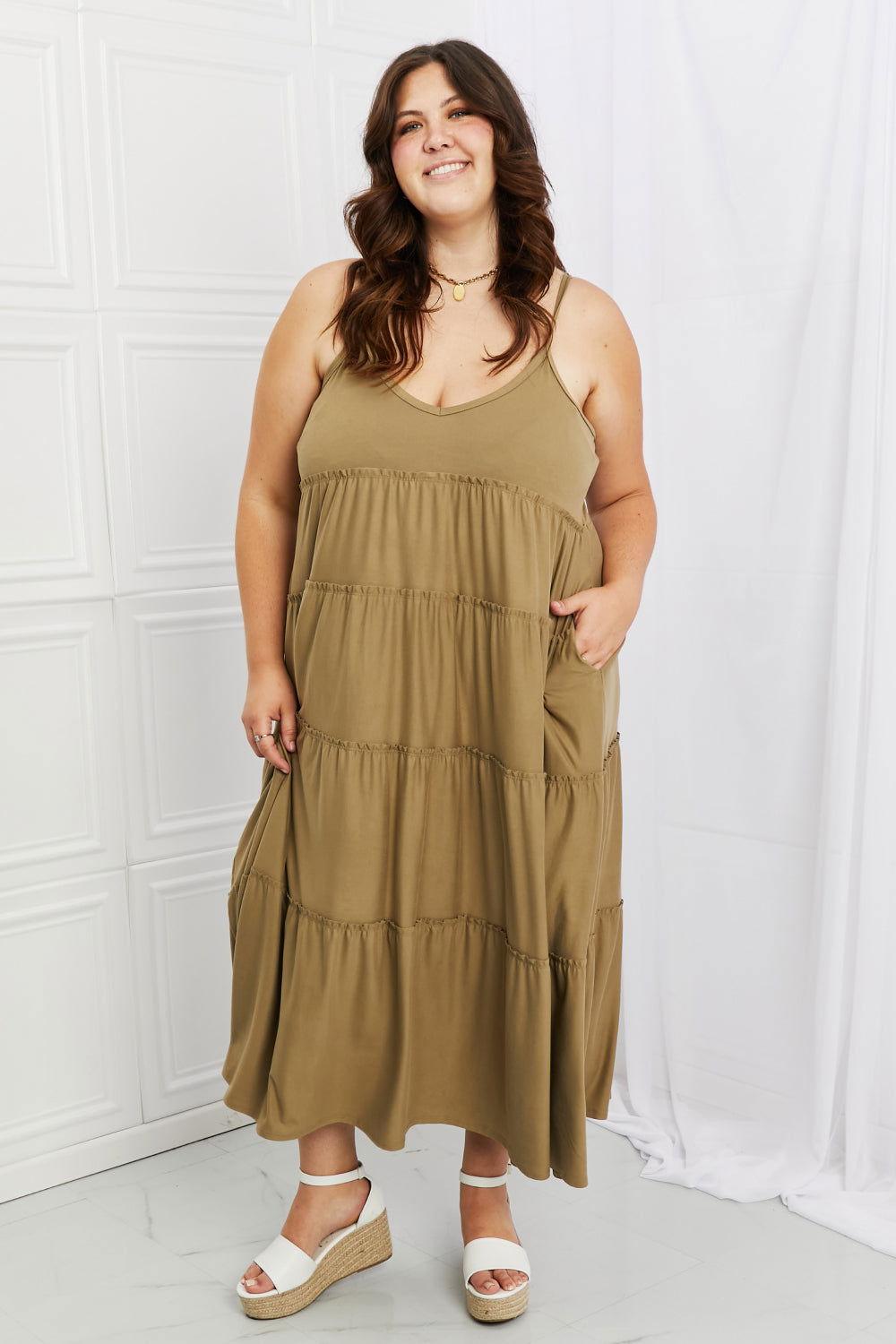 Zenana Full Size Spaghetti Strap Tiered Dress with Pockets in Khaki - Clothes For Her Online Store
