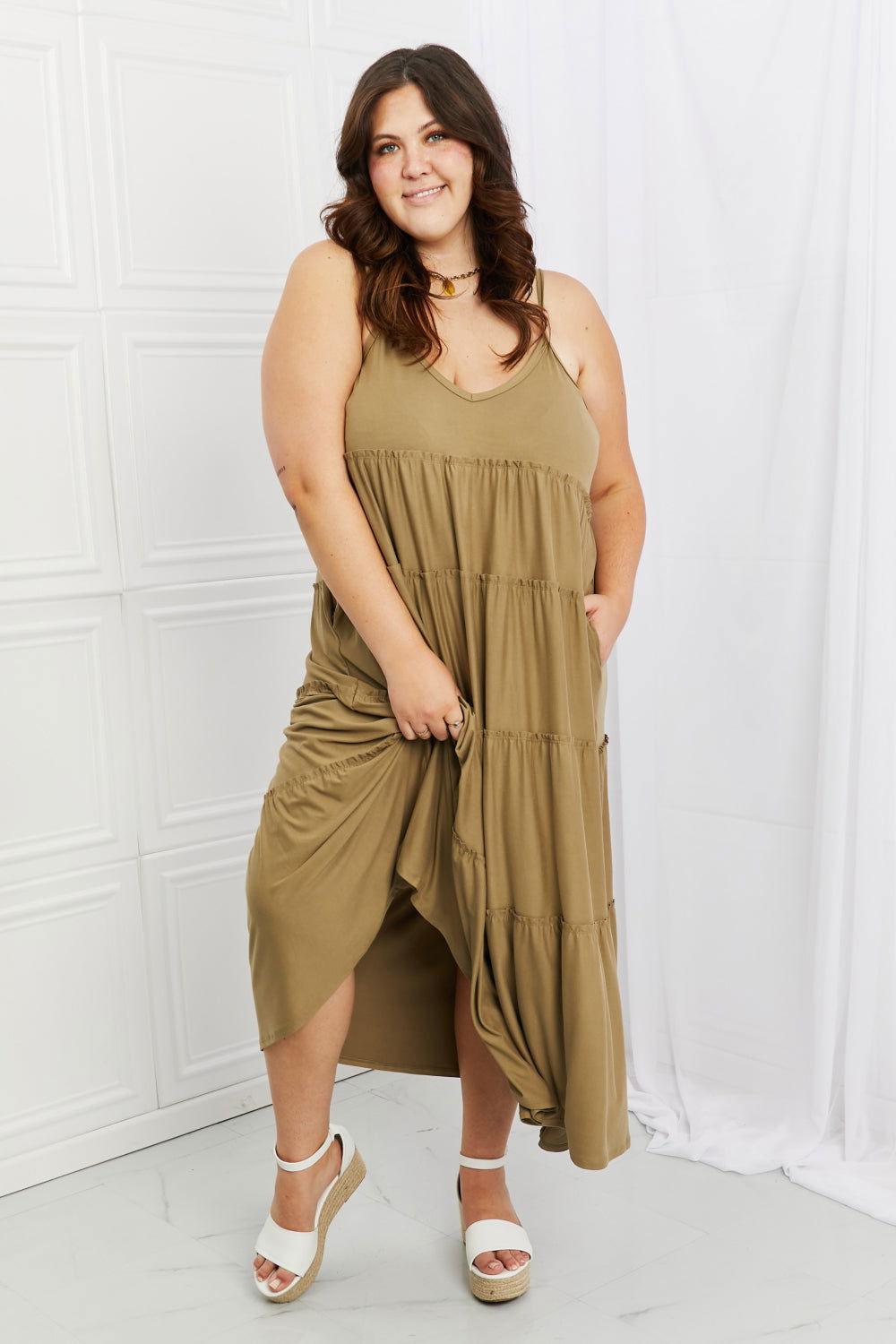 Zenana Full Size Spaghetti Strap Tiered Dress with Pockets in Khaki - Clothes For Her Online Store