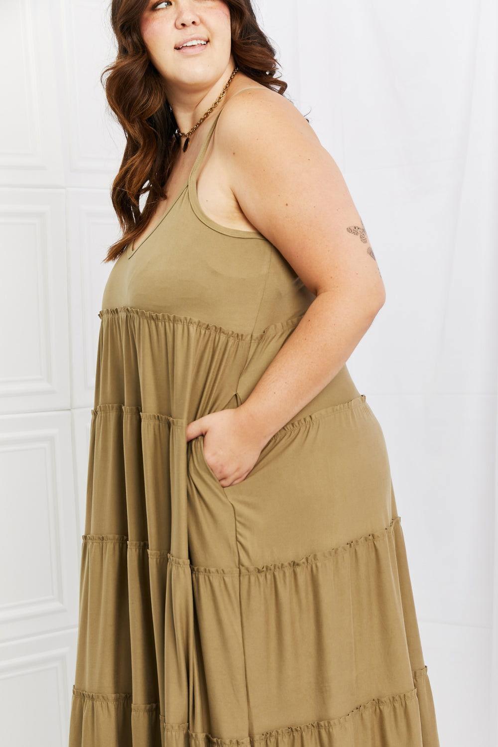 Zenana Full Size Spaghetti Strap Tiered Dress with Pockets in Khaki - Clothes For Her Online Store