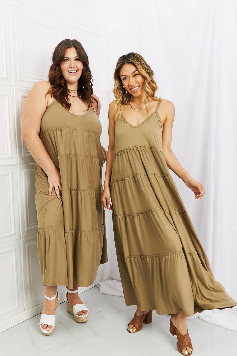 Zenana Full Size Spaghetti Strap Tiered Dress with Pockets in Khaki - Clothes For Her Online Store