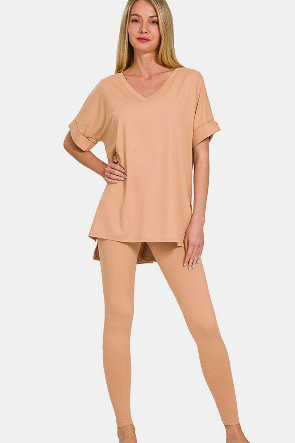 Zenana Full Size V-Neck Rolled Short Sleeve T-Shirt and Leggings Lounge Set - Clothes For Her Online Store