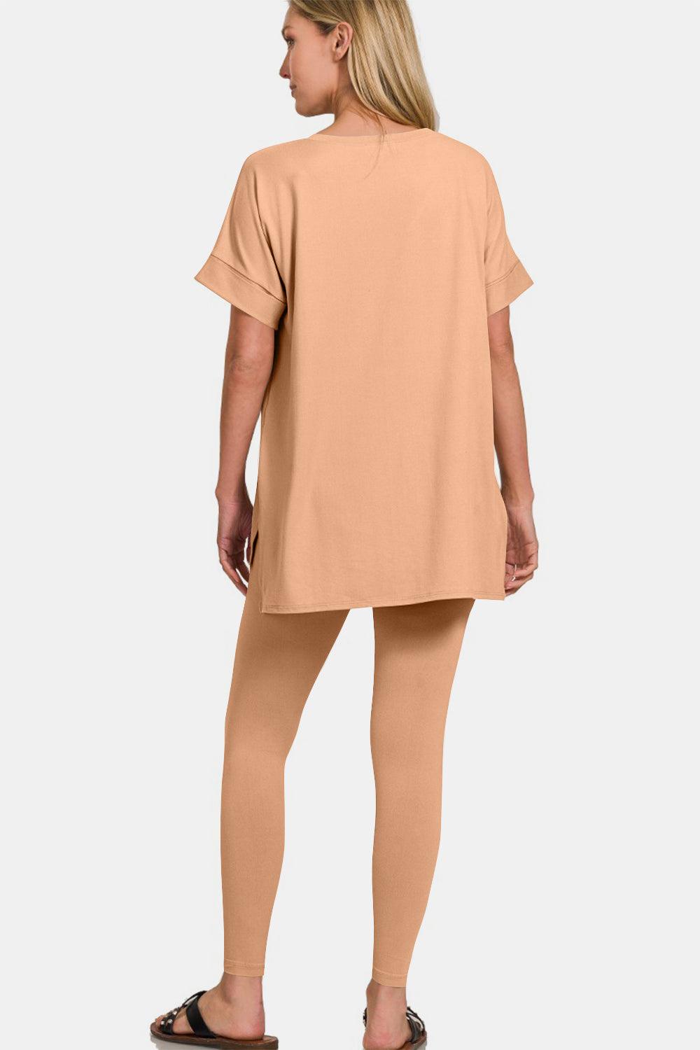 Zenana Full Size V-Neck Rolled Short Sleeve T-Shirt and Leggings Lounge Set - Clothes For Her Online Store