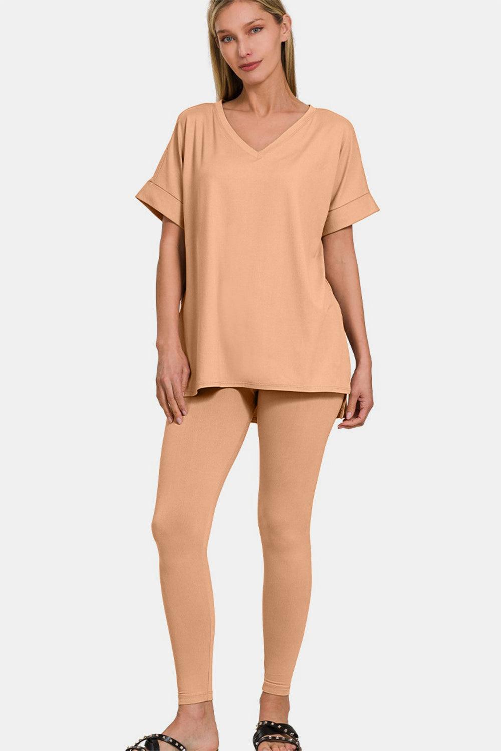 Zenana Full Size V-Neck Rolled Short Sleeve T-Shirt and Leggings Lounge Set - Clothes For Her Online Store