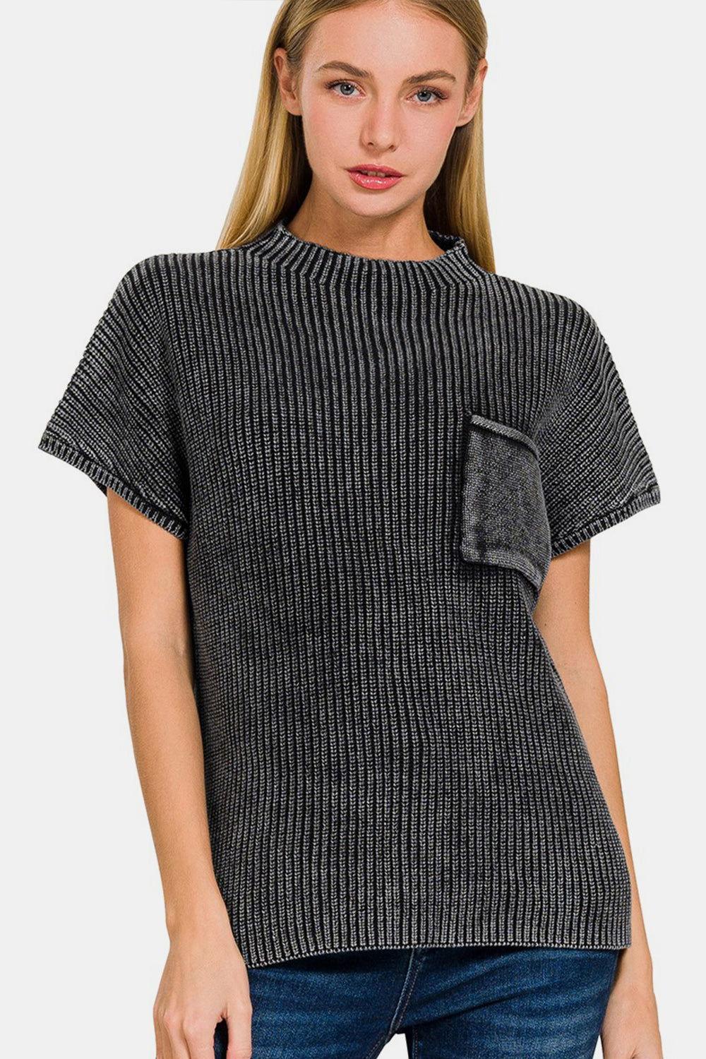 Zenana Pocketed Mock Neck Short Sleeve Sweater - Clothes For Her Online Store