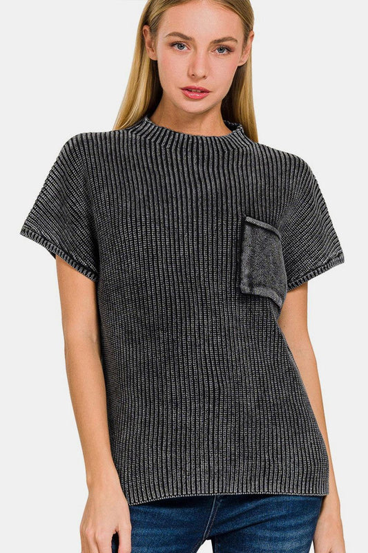 Zenana Pocketed Mock Neck Short Sleeve Sweater - Clothes For Her Online Store