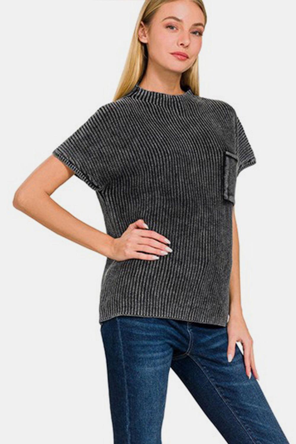 Zenana Pocketed Mock Neck Short Sleeve Sweater - Clothes For Her Online Store
