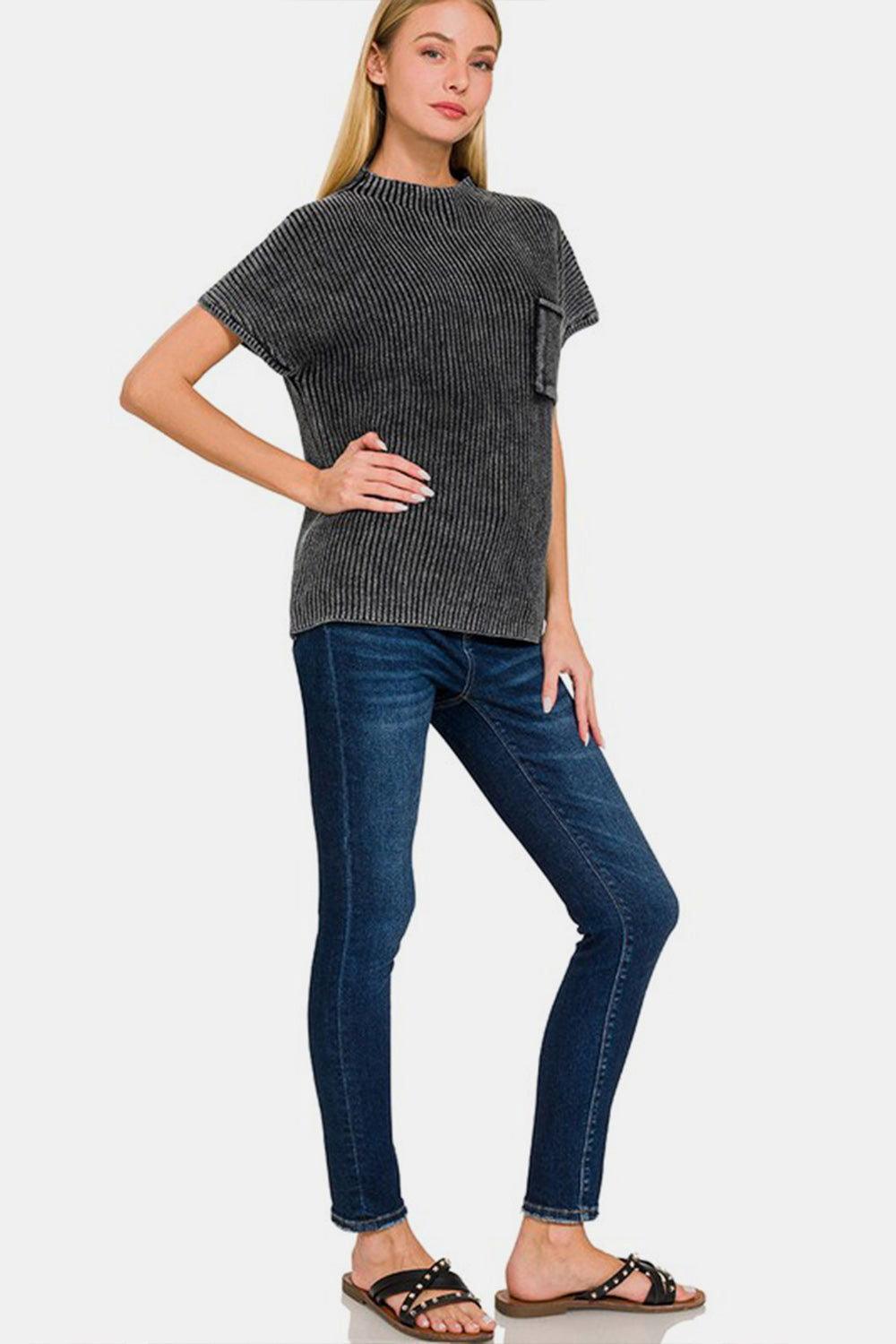 Zenana Pocketed Mock Neck Short Sleeve Sweater - Clothes For Her Online Store