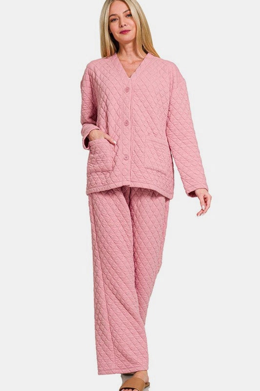 Zenana Quilted Button Up Long Sleeve Top and Pants Lounge Set - Clothes For Her Online Store