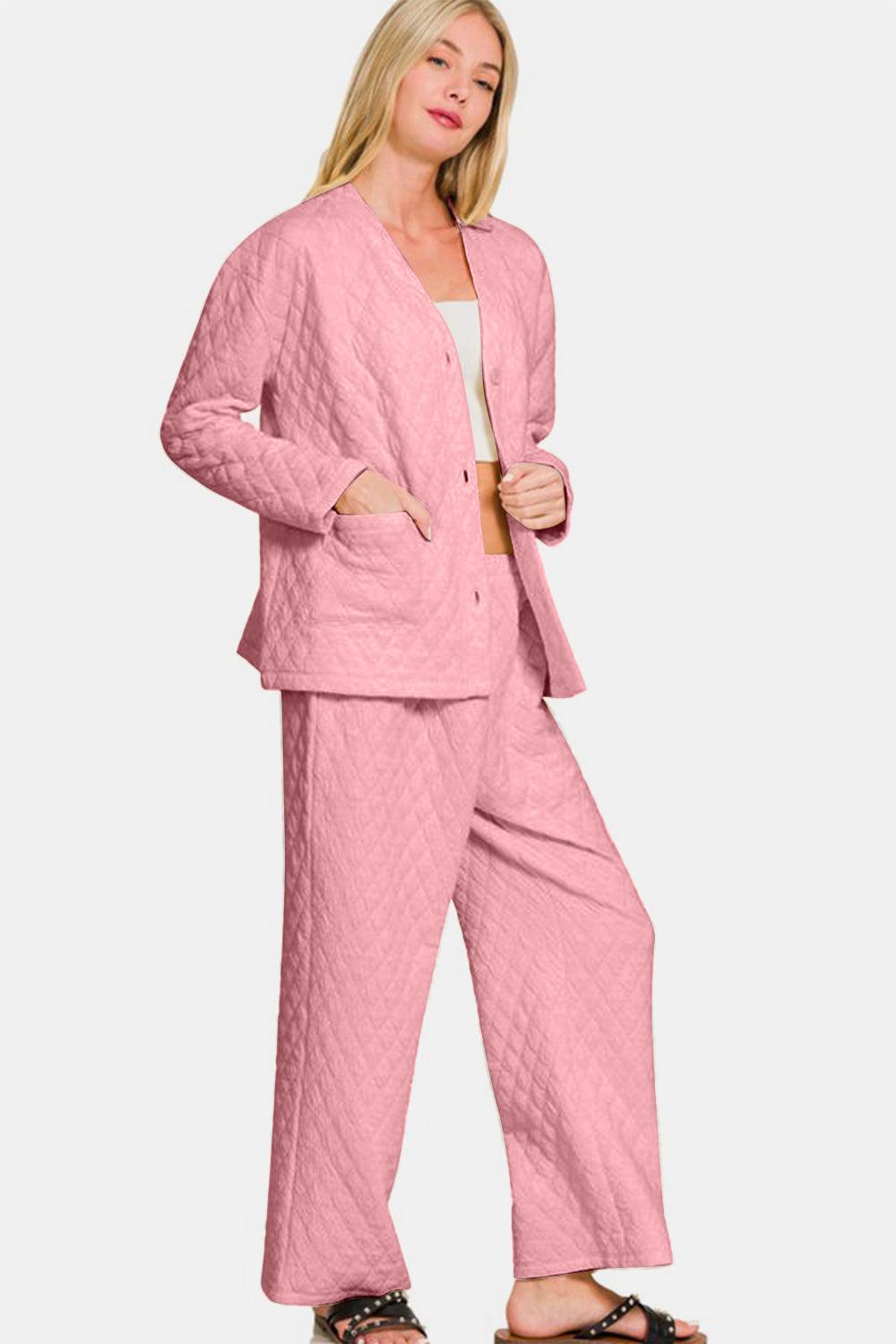 Zenana Quilted Button Up Long Sleeve Top and Pants Lounge Set - Clothes For Her Online Store