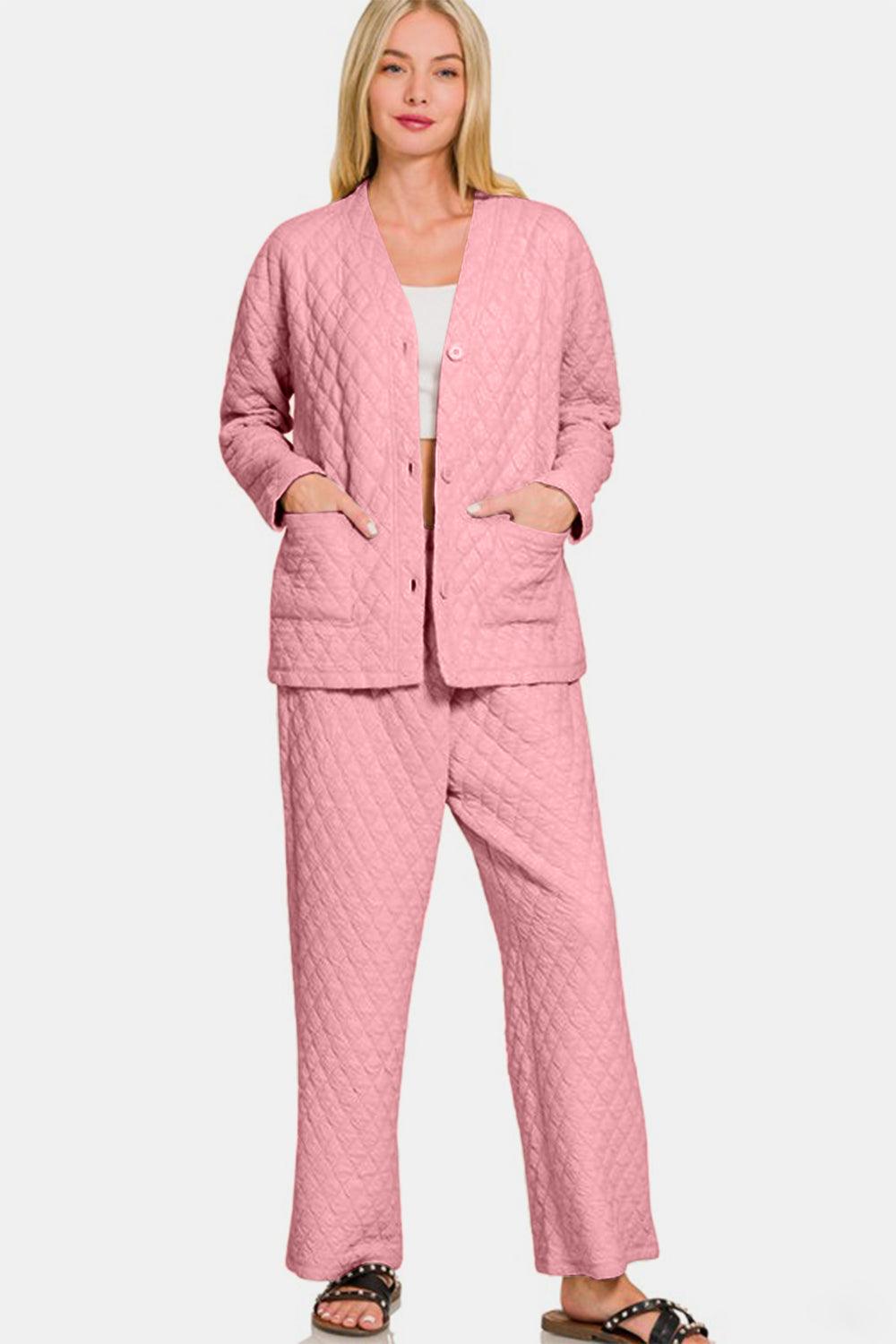 Zenana Quilted Button Up Long Sleeve Top and Pants Lounge Set - Clothes For Her Online Store