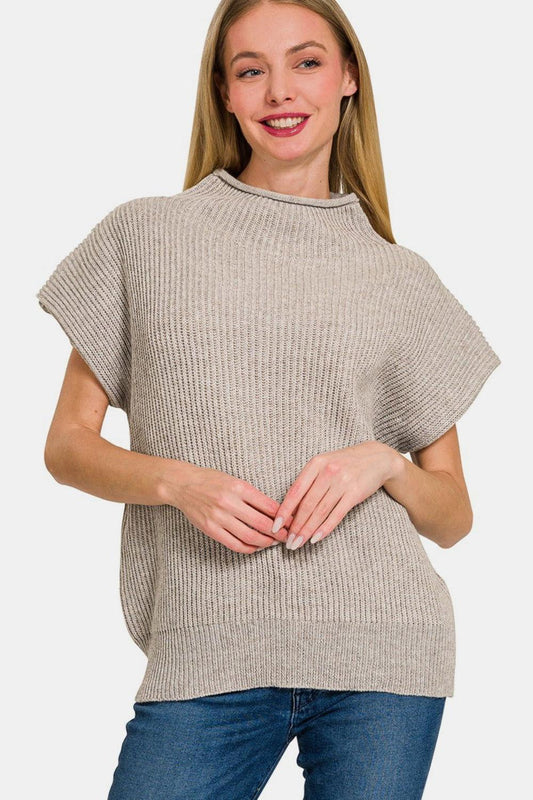Zenana Short Sleeve Mock Neck Sweater - Clothes For Her Online Store